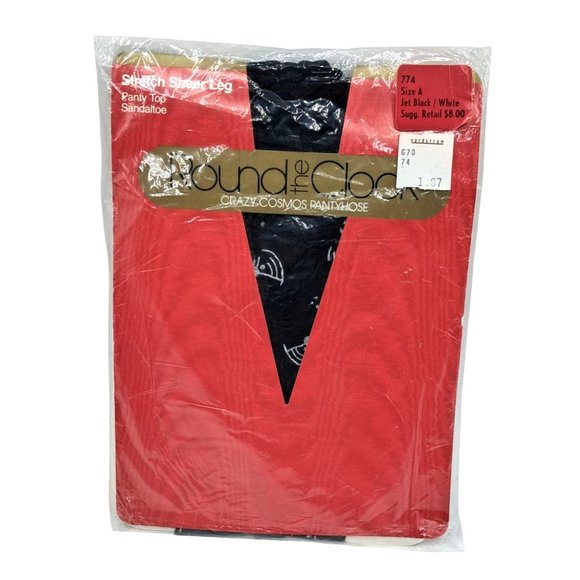 Vintage Pantyhose Black White Geometric Womens Size A Nylons Crazy Cosmos Print - Picture 2 of 7